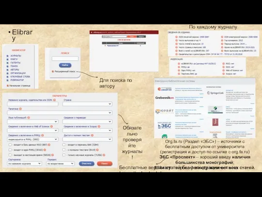 Elibrary Для поиска по автору Org.fa.ru (Раздел «ЭБС») – источники с бесплатным