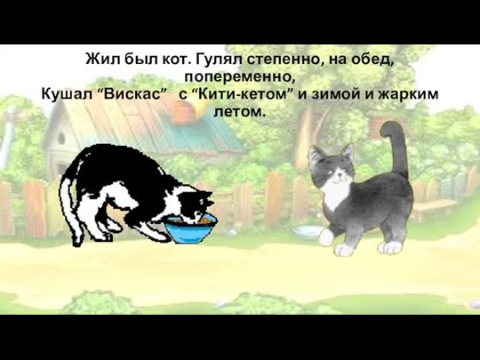 Жил был кот. Гулял степенно, на обед, попеременно, Кушал “Вискас” с “Кити-кетом”