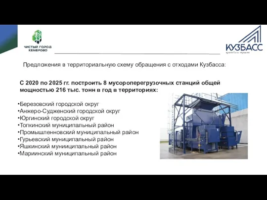 Предложения в территориальную схему обращения с отходами Кузбасса: С 2020 по 2025