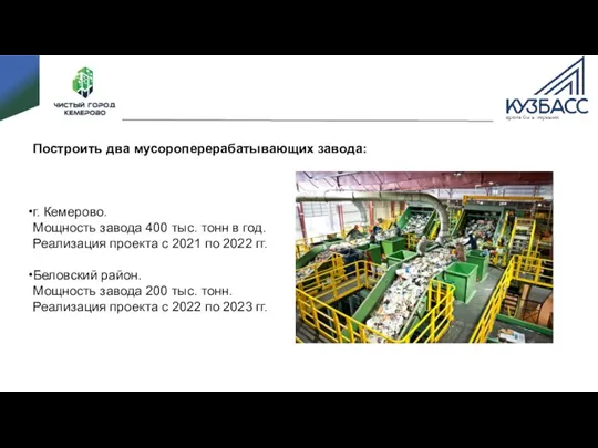 Построить два мусороперерабатывающих завода: г. Кемерово. Мощность завода 400 тыс. тонн в