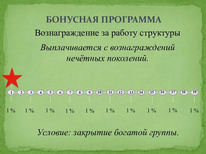 Вознаграждение за работу структуры Выплачивается с вознаграждений нечётных поколений. БОНУСНАЯ ПРОГРАММА Условие: закрытие богатой группы.