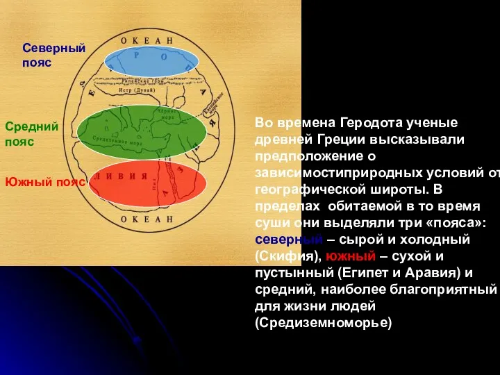 Во времена Геродота ученые древней Греции высказывали предположение о зависимостиприродных условий от