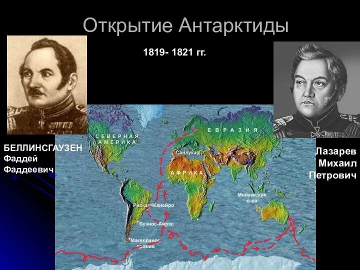 Открытие Антарктиды БЕЛЛИНСГАУЗЕН Фаддей Фаддеевич Лазарев Михаил Петрович 1819- 1821 гг.