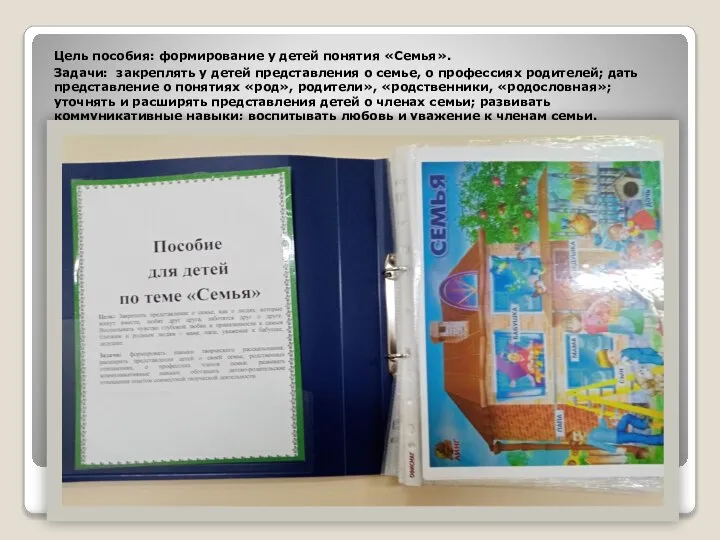 Цель пособия: формирование у детей понятия «Семья». Задачи: закреплять у детей представления