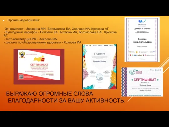 ВЫРАЖАЮ ОГРОМНЫЕ СЛОВА БЛАГОДАРНОСТИ ЗА ВАШУ АКТИВНОСТЬ. Прочие мероприятия: -Этнодиктант - Звездина