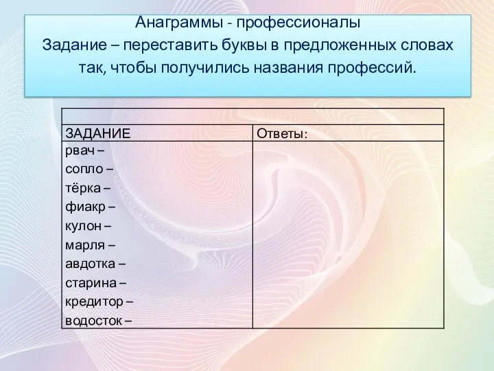 Анаграммы - профессионалы Задание – переставить буквы в предложенных словах так, чтобы получились названия профессий.