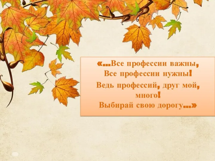 «…Все профессии важны, Все профессии нужны! Ведь профессий, друг мой, много! Выбирай свою дорогу…»