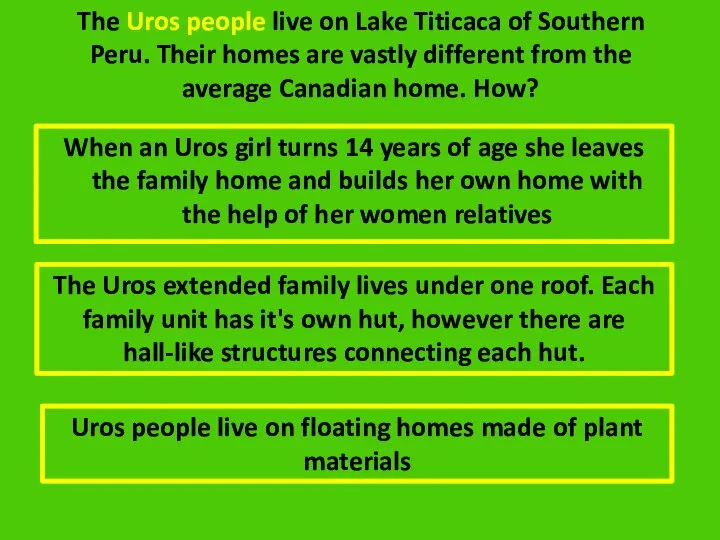 The Uros people live on Lake Titicaca of Southern Peru. Their homes