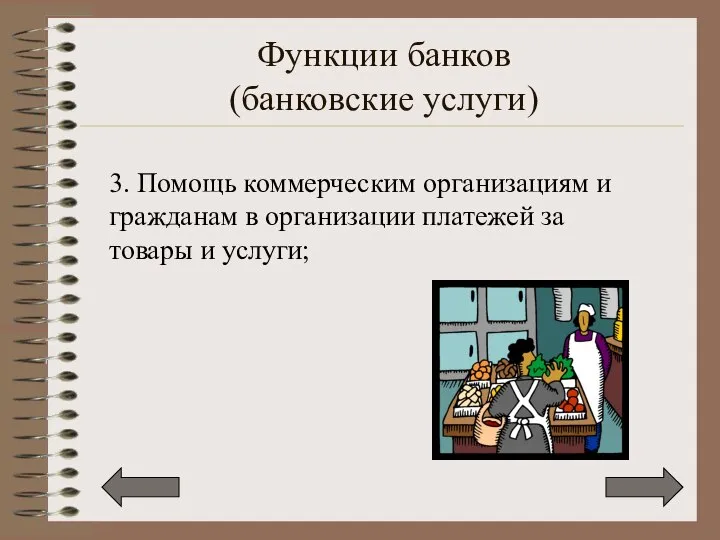 Функции банков (банковские услуги) 3. Помощь коммерческим организациям и гражданам в организации