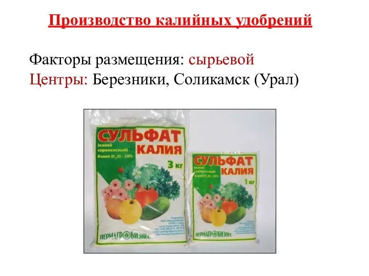 Производство калийных удобрений Факторы размещения: сырьевой Центры: Березники, Соликамск (Урал)