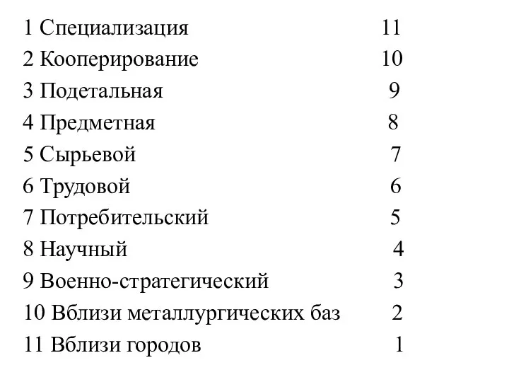 1 Специализация 11 2 Кооперирование 10 3 Подетальная 9 4 Предметная 8