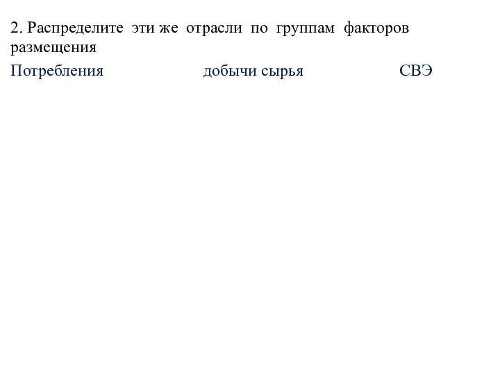 2. Распределите эти же отрасли по группам факторов размещения Потребления добычи сырья СВЭ