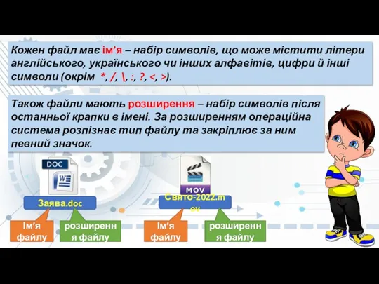 Кожен файл має ім’я – набір символів, що може містити літери англійського,