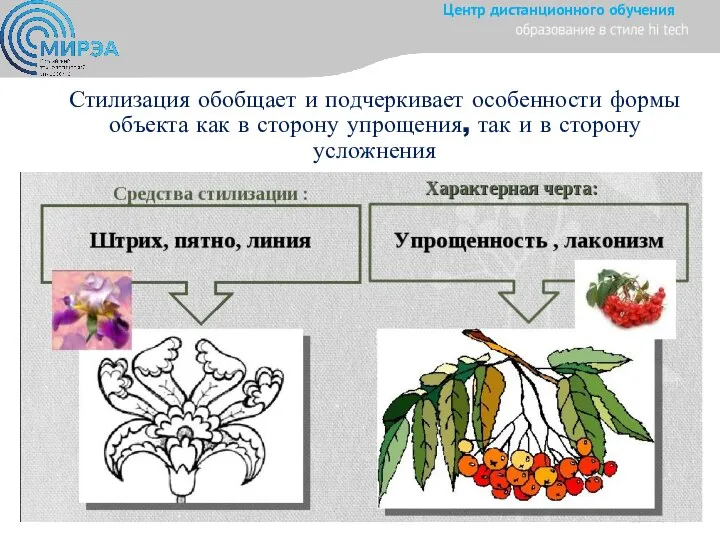 Стилизация обобщает и подчеркивает особенности формы объекта как в сторону упрощения, так и в сторону усложнения