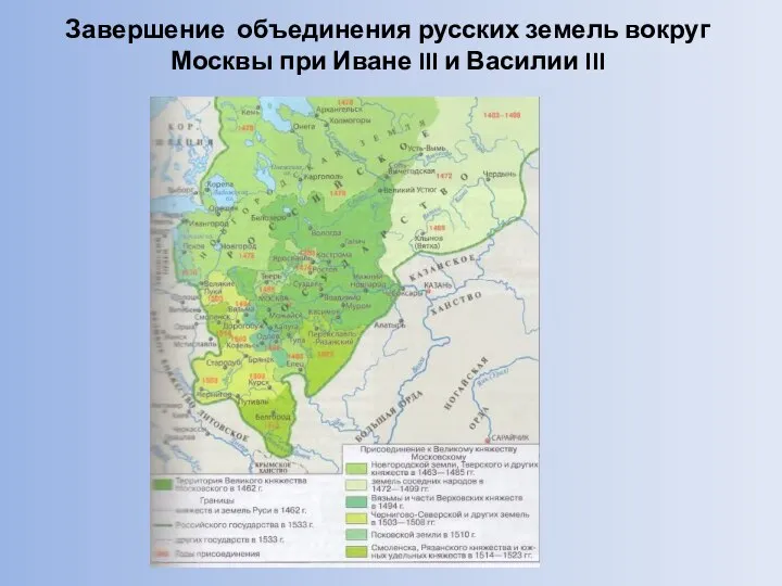 Завершение объединения русских земель вокруг Москвы при Иване III и Василии III