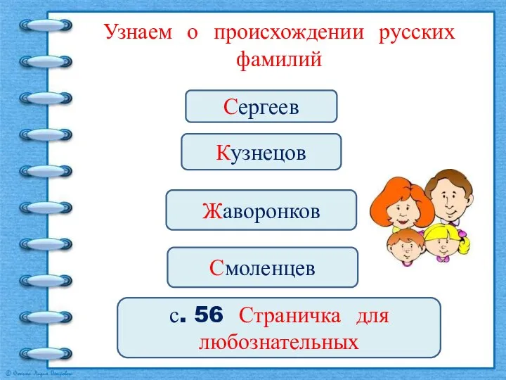 Узнаем о происхождении русских фамилий с. 56 Страничка для любознательных Сергеев Кузнецов Жаворонков Смоленцев