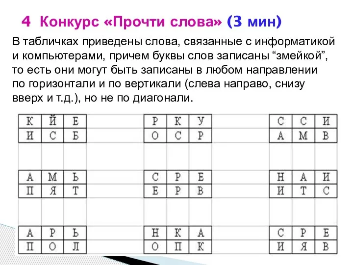 4 Конкурс «Прочти слова» (3 мин) В табличках приведены слова, связанные с