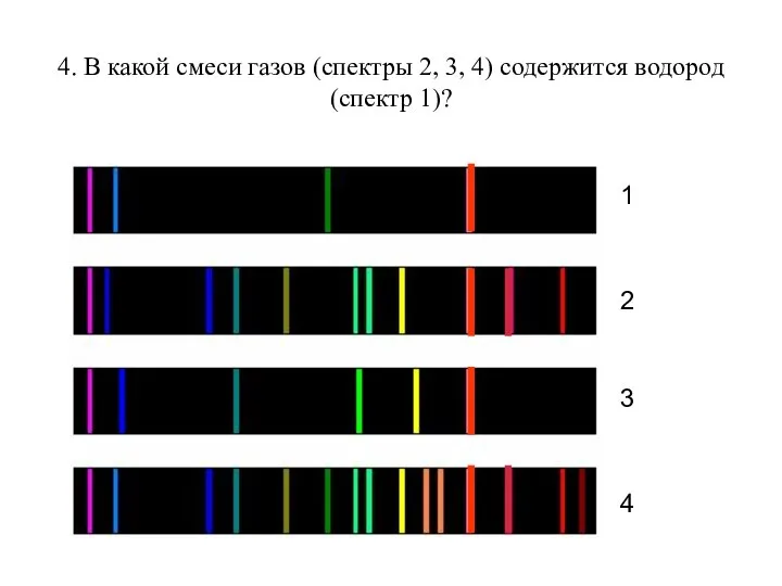 4. В какой смеси газов (спектры 2, 3, 4) содержится водород (спектр