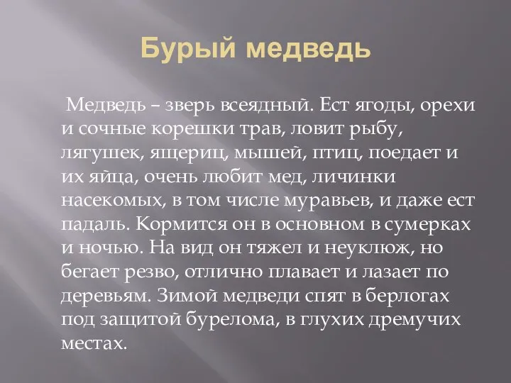 Бурый медведь Медведь – зверь всеядный. Ест ягоды, орехи и сочные корешки