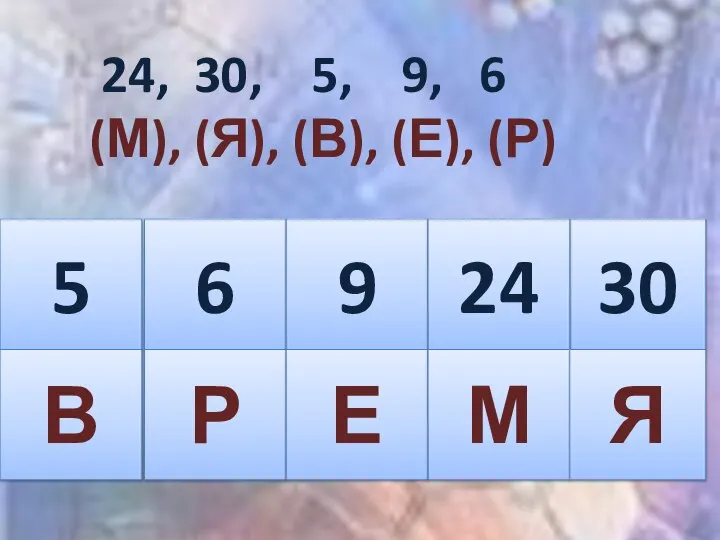 24, 30, 5, 9, 6 (М), (Я), (В), (Е), (Р) 5 6