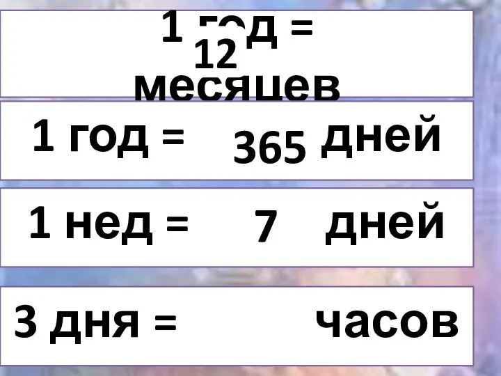 1 год = месяцев 1 год = дней 12 365 1 нед