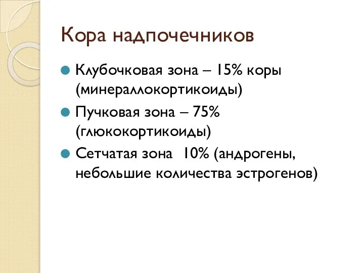 Кора надпочечников Клубочковая зона – 15% коры (минераллокортикоиды) Пучковая зона – 75%