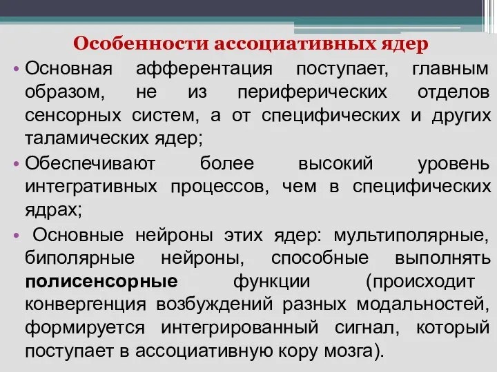 Особенности ассоциативных ядер Основная афферентация поступает, главным образом, не из периферических отделов