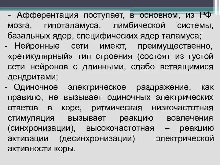 - Афферентация поступает, в основном, из РФ мозга, гипоталамуса, лимбической системы, базальных