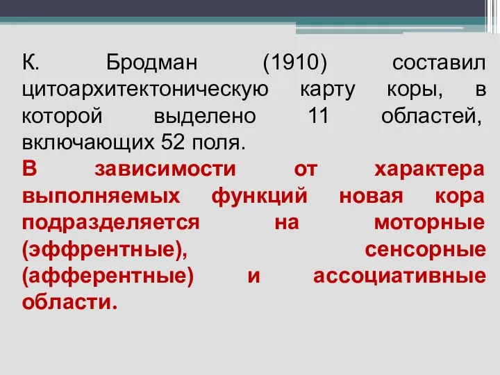 К. Бродман (1910) составил цитоархитектоническую карту коры, в которой выделено 11 областей,