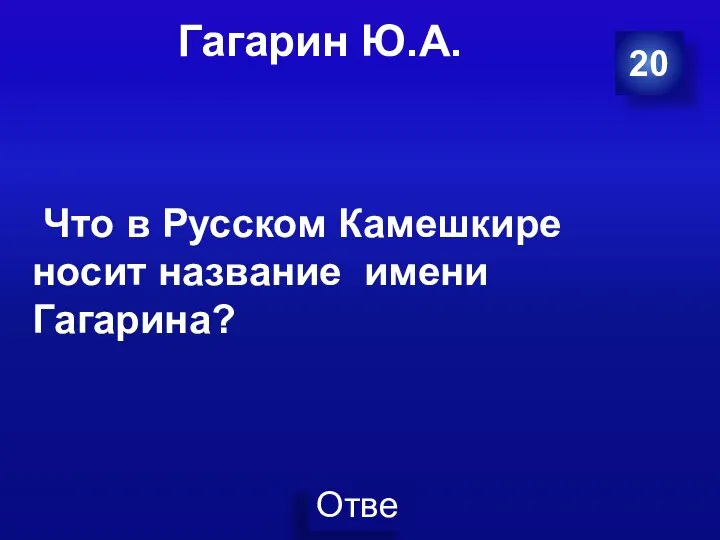 Гагарин Ю.А. 20 Что в Русском Камешкире носит название имени Гагарина?