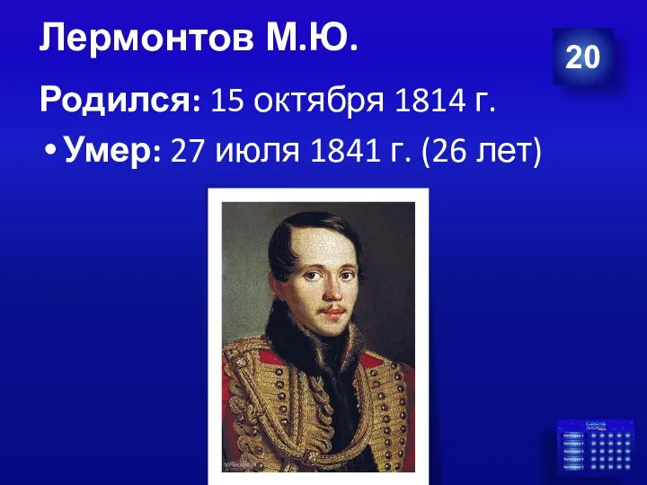 Лермонтов М.Ю. Родился: 15 октября 1814 г. Умер: 27 июля 1841 г. (26 лет) 20