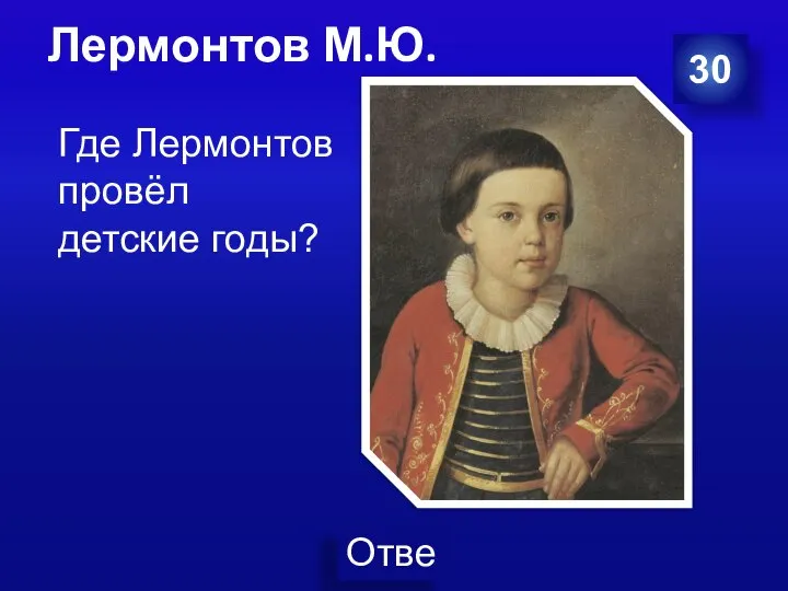 Лермонтов М.Ю. 30 Где Лермонтов провёл детские годы?