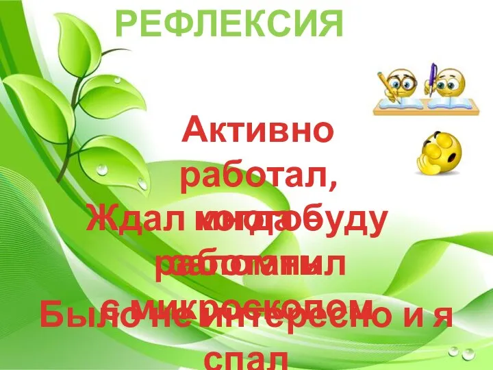 РЕФЛЕКСИЯ На уроке я… Активно работал, многое запомнил Ждал когда буду работать