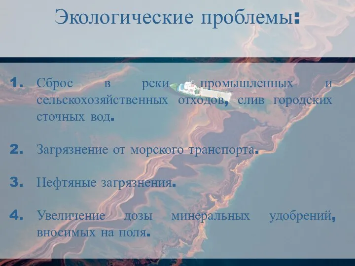 Экологические проблемы: Сброс в реки промышленных и сельскохозяйственных отходов, слив городских сточных