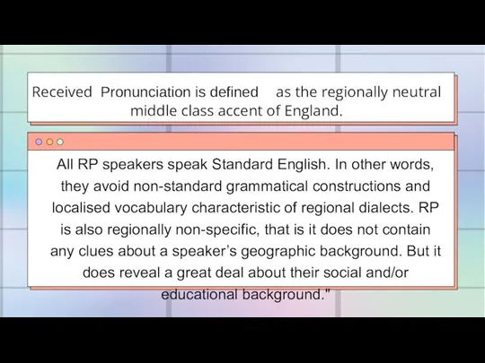 All RP speakers speak Standard English. In other words, they avoid non-standard