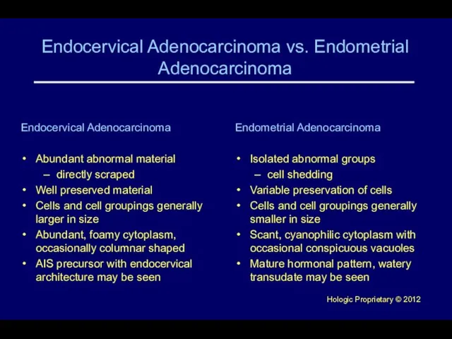 Endocervical Adenocarcinoma vs. Endometrial Adenocarcinoma Endocervical Adenocarcinoma Abundant abnormal material directly scraped