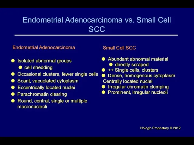 Endometrial Adenocarcinoma vs. Small Cell SCC Endometrial Adenocarcinoma Isolated abnormal groups cell