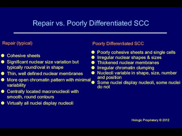 Repair vs. Poorly Differentiated SCC Poorly Differentiated SCC Poorly cohesive sheets and