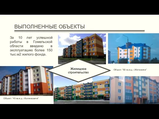 ВЫПОЛНЕННЫЕ ОБЪЕКТЫ Жилищное строительство За 10 лет успешной работы в Гомельской области