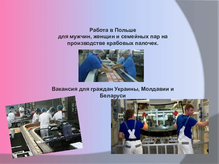 Работа в Польше для мужчин, женщин и семейных пар на производстве крабовых