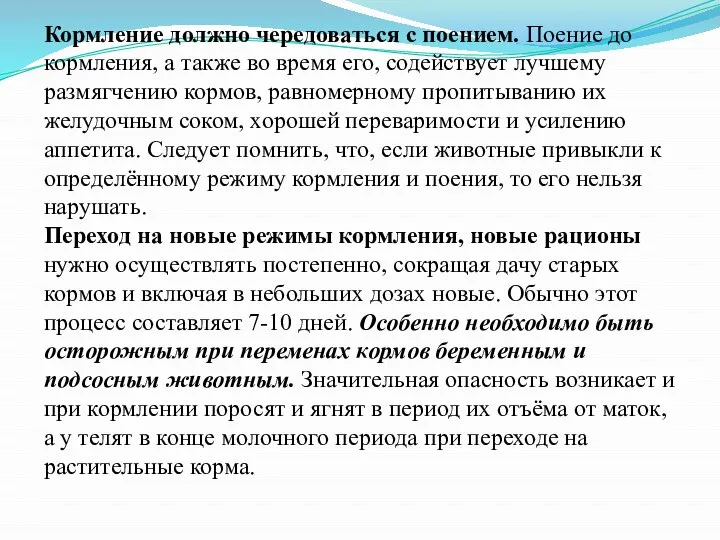 Кормление должно чередоваться с поением. Поение до кормления, а также во время