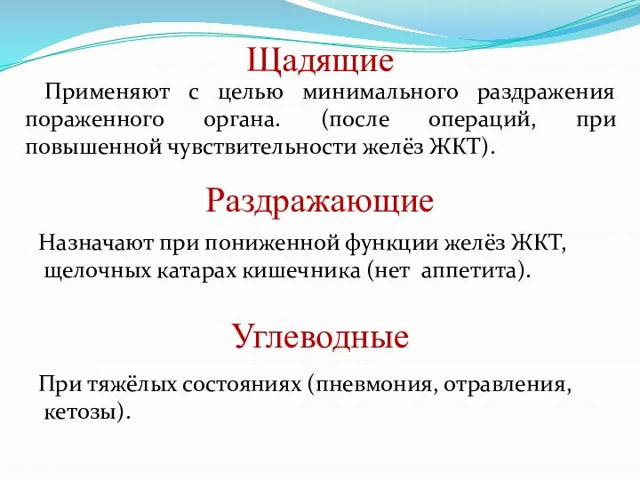 Щадящие Применяют с целью минимального раздражения пораженного органа. (после операций, при повышенной