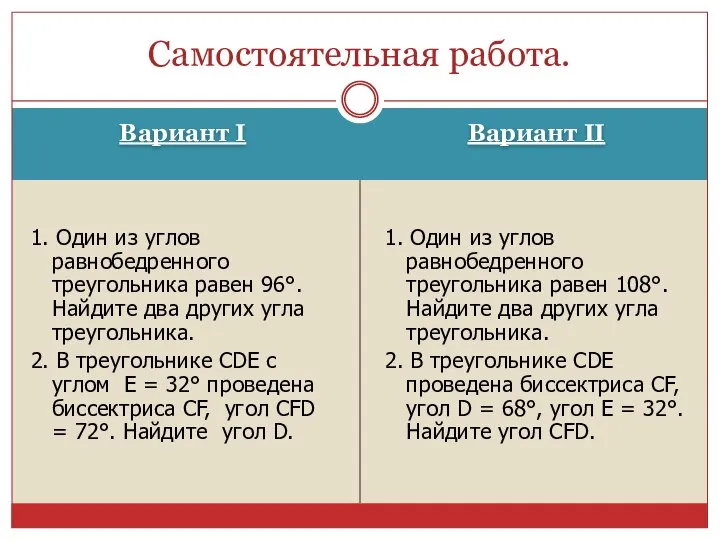 Вариант I Вариант II 1. Один из углов равнобедренного треугольника равен 96°.