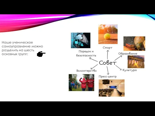 Наше ученическое самоуправление можно разделить на шесть основных групп: