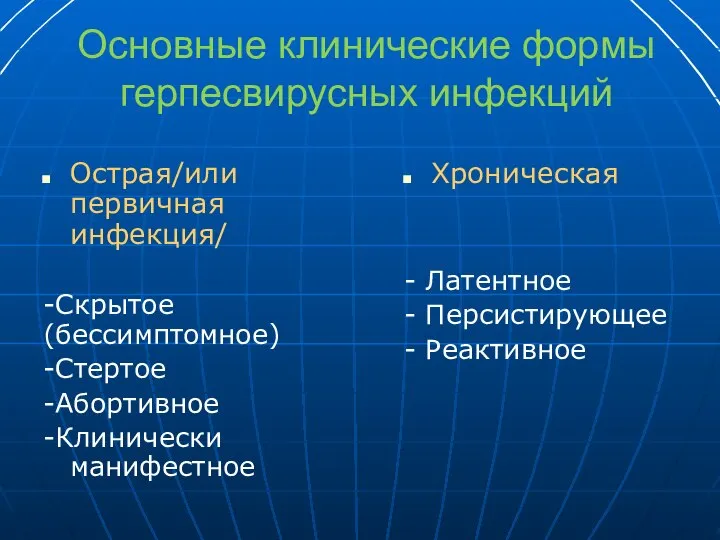 Основные клинические формы герпесвирусных инфекций Острая/или первичная инфекция/ -Скрытое (бессимптомное) -Стертое -Абортивное