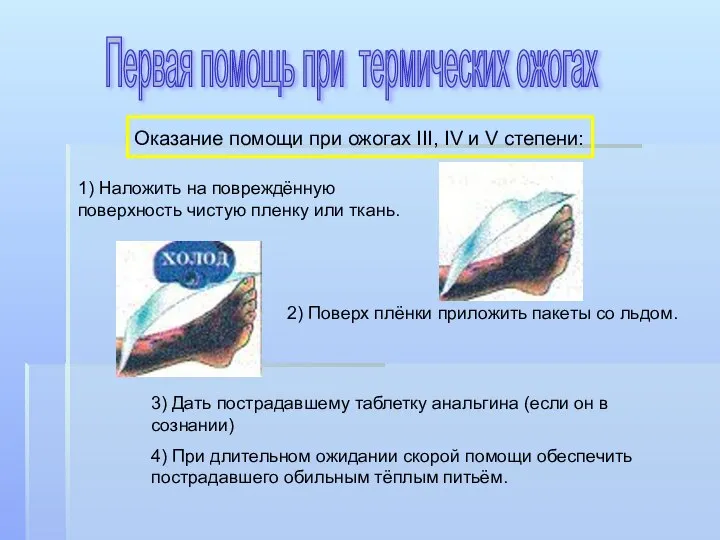 Оказание помощи при ожогах III, IV и V степени: 1) Наложить на