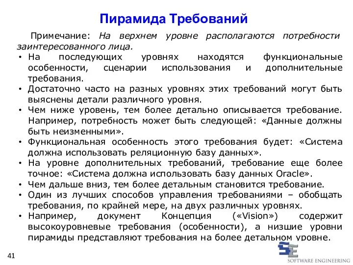 Пирамида Требований Примечание: На верхнем уровне располагаются потребности заинтересованного лица. На последующих