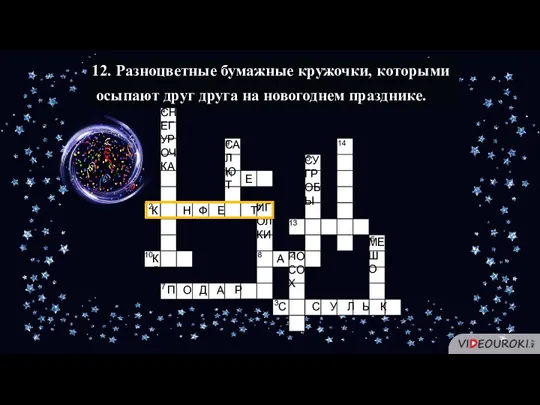 12. Разноцветные бумажные кружочки, которыми осыпают друг друга на новогоднем празднике. К