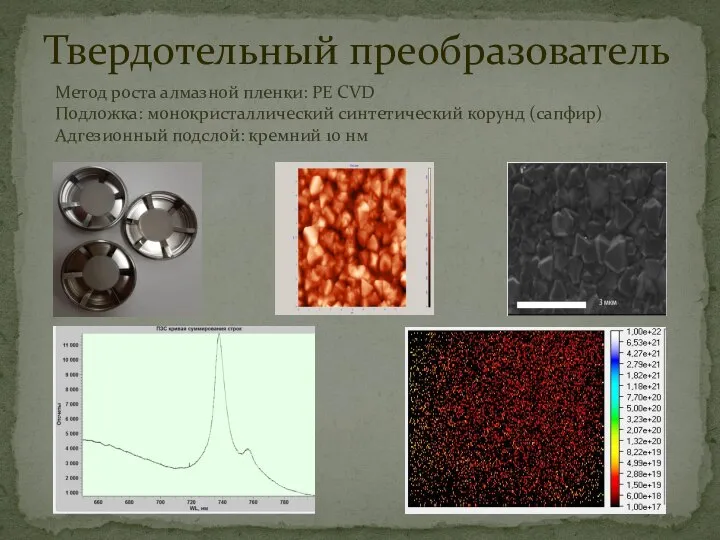 Твердотельный преобразователь Метод роста алмазной пленки: PE CVD Подложка: монокристаллический синтетический корунд