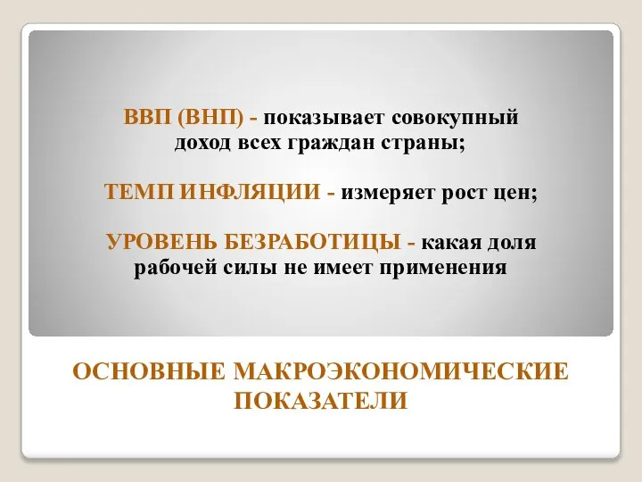 ОСНОВНЫЕ МАКРОЭКОНОМИЧЕСКИЕ ПОКАЗАТЕЛИ ВВП (ВНП) - показывает совокупный доход всех граждан страны;